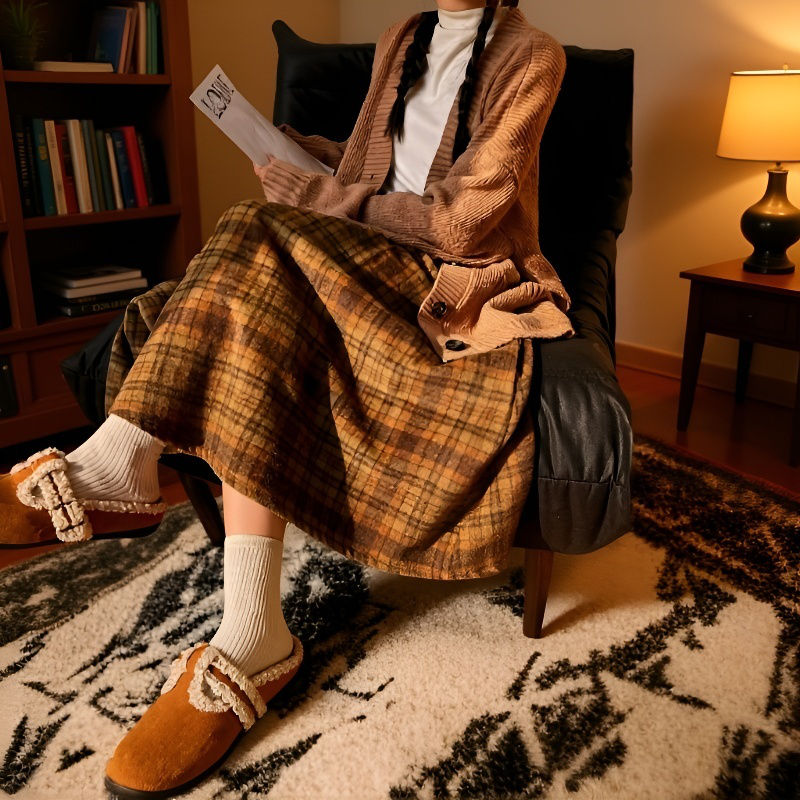 키 작은 가을 겨울 하이웨스트 모직 스커트 미디 체크 우산 스커트