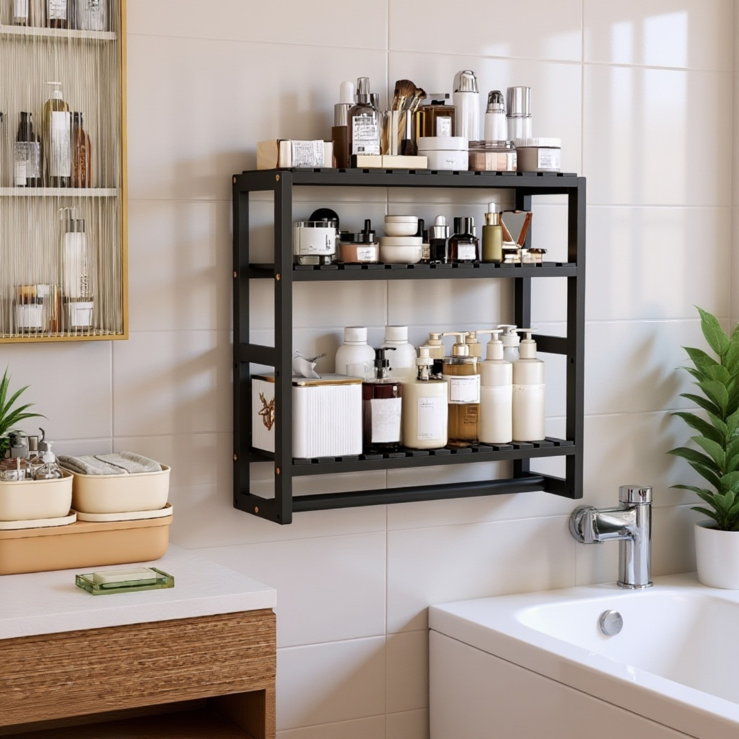 Nástěnný úložný regál z masivního dřeva v koupelně