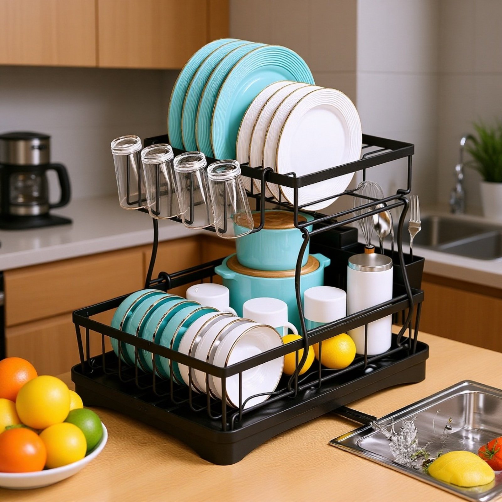 食器水切りラックに並べられた皿とコップ