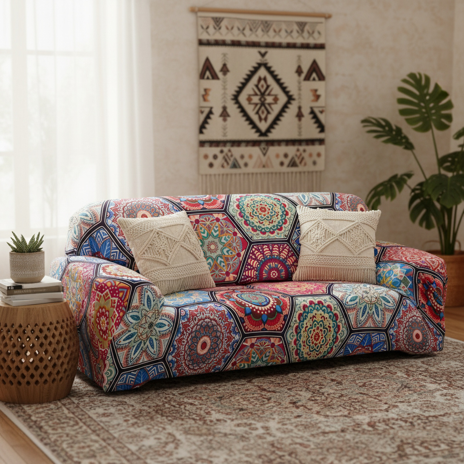 Bohemian style stretch sofa cover on modern couch