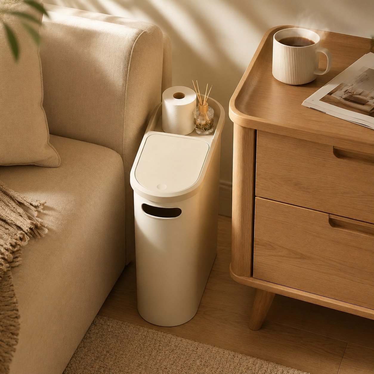 Efficient space-saving trash can in hallway