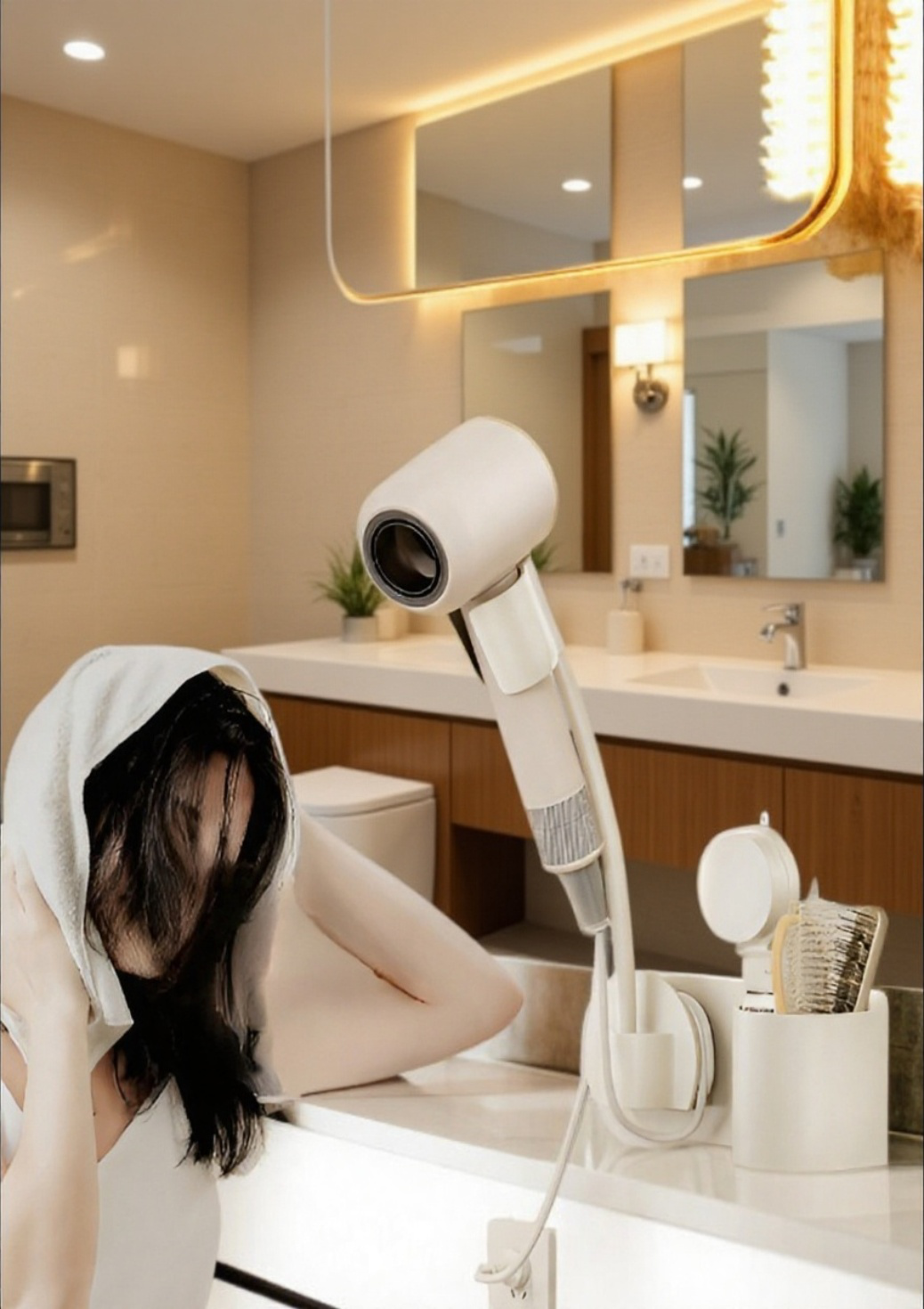 Organizador de baño con soporte para secador de pelo manos libres