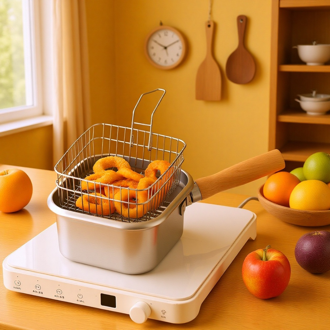 日本製ステンレススクエアフライパン 家庭用麺調理鍋 ミルクポット アウトドアポータブル多機能鍋 天ぷらフライパン