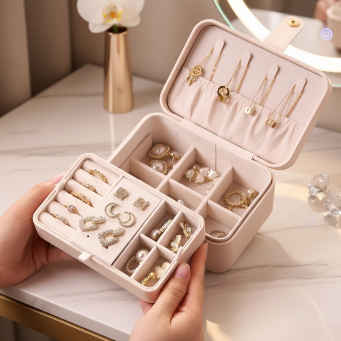 Boîte à bijoux en cuir à deux niveaux, portable
