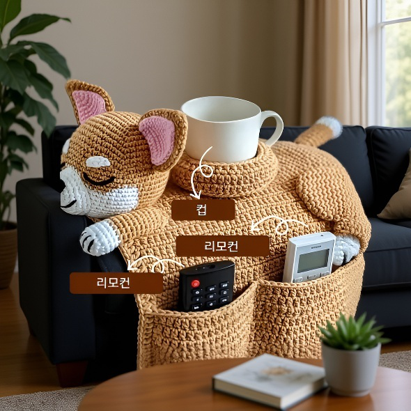 강아지 소파 수납백에 앉아있는 반려견