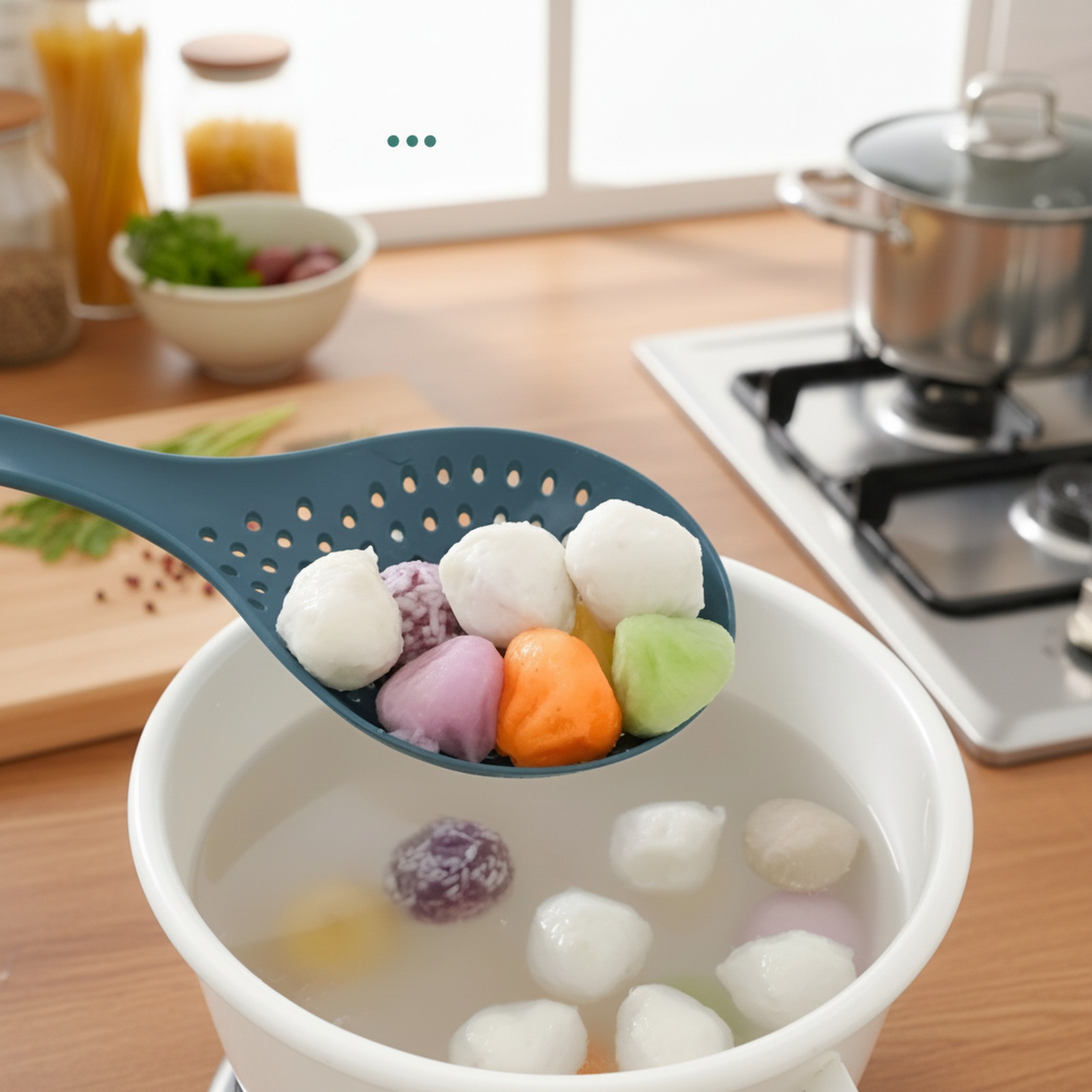 クリップ付き多機能麺すくい、耐熱ストレーナー、長い柄の大型プラスチックストレーナー、水切りストレーナー、餃子ストレーナー
