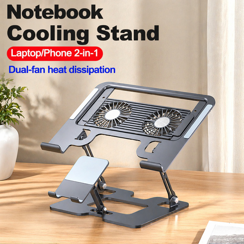 2-in-1 laptop and phone cooling stand on desk
