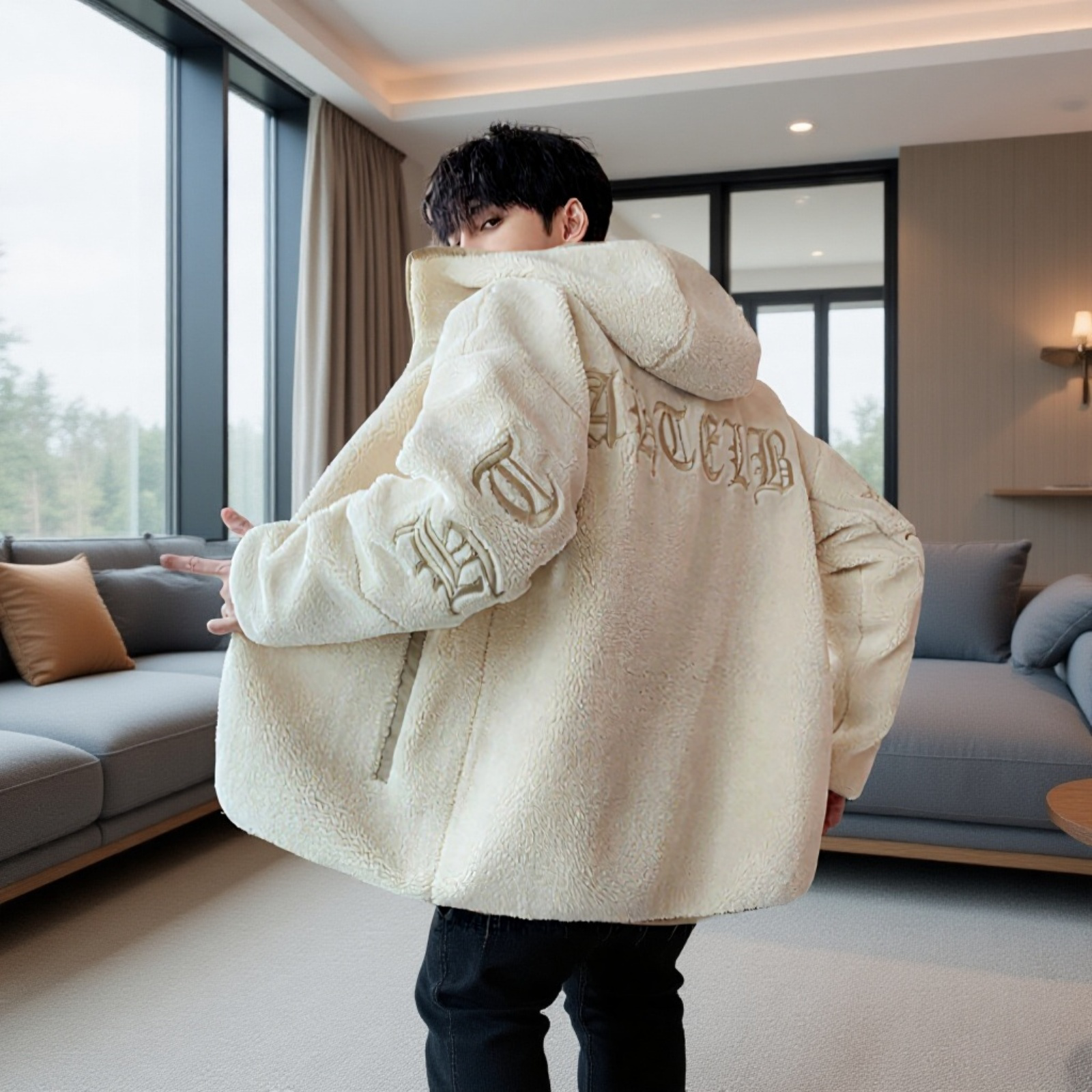 中綿入りコートの暖かさを強調した写真