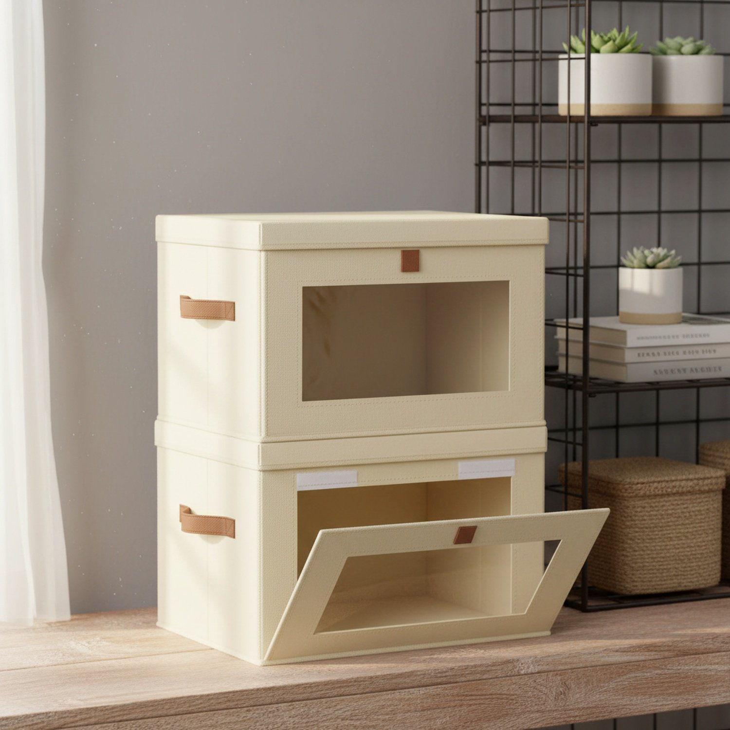 Folding Storage Box with Lid and Transparent Side Window, Wardrobe Organizer