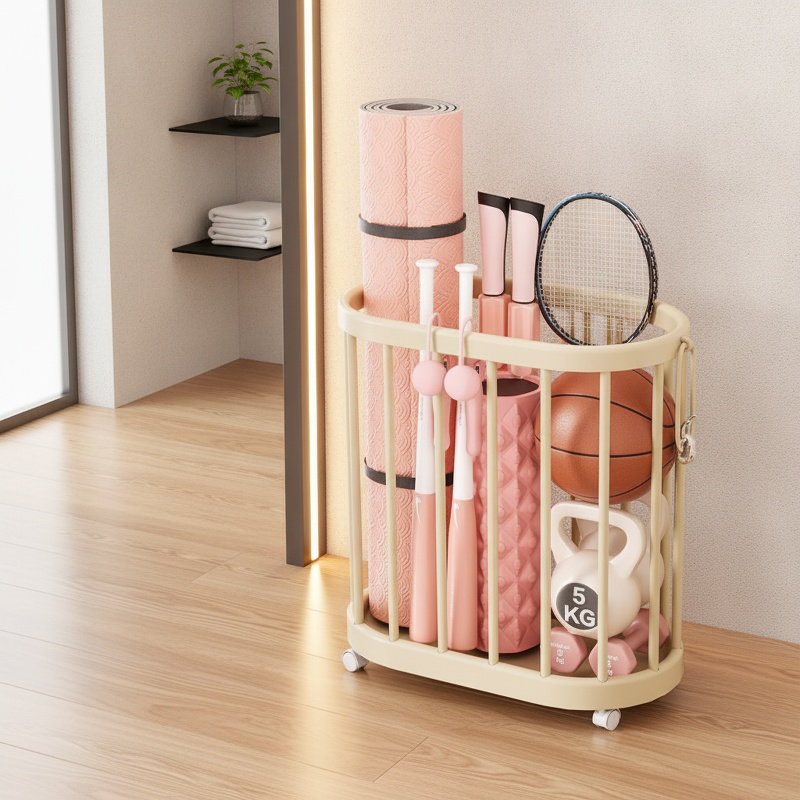 Home Fitness Equipment Storage Frame with Wheels Movable Yoga Mat Tool Storage Basket
