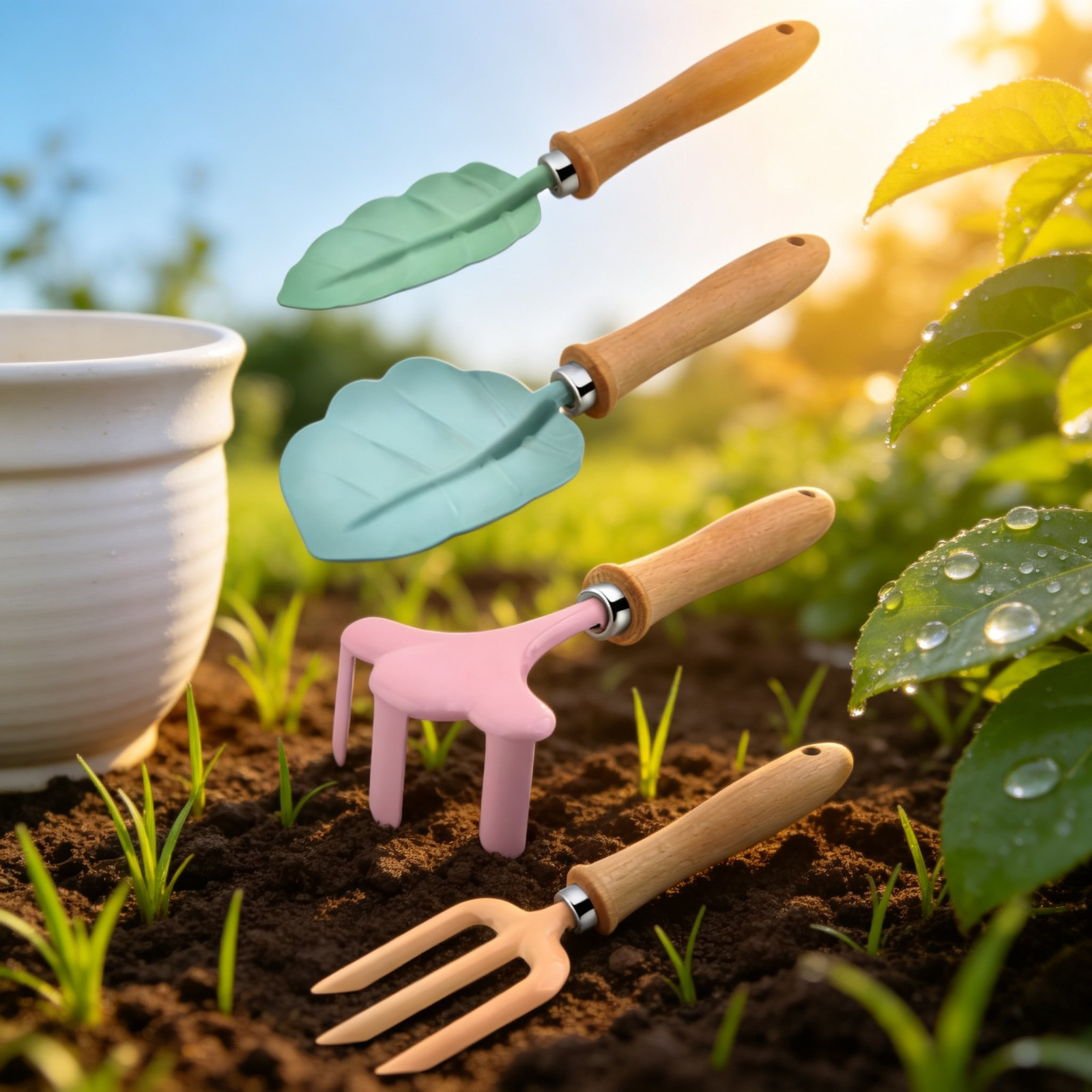 Gartenpflanzwerkzeug-Set für Kinder: Schaufel, Rechen, Gabel, Blätter, Blüten, Cartoon-Design