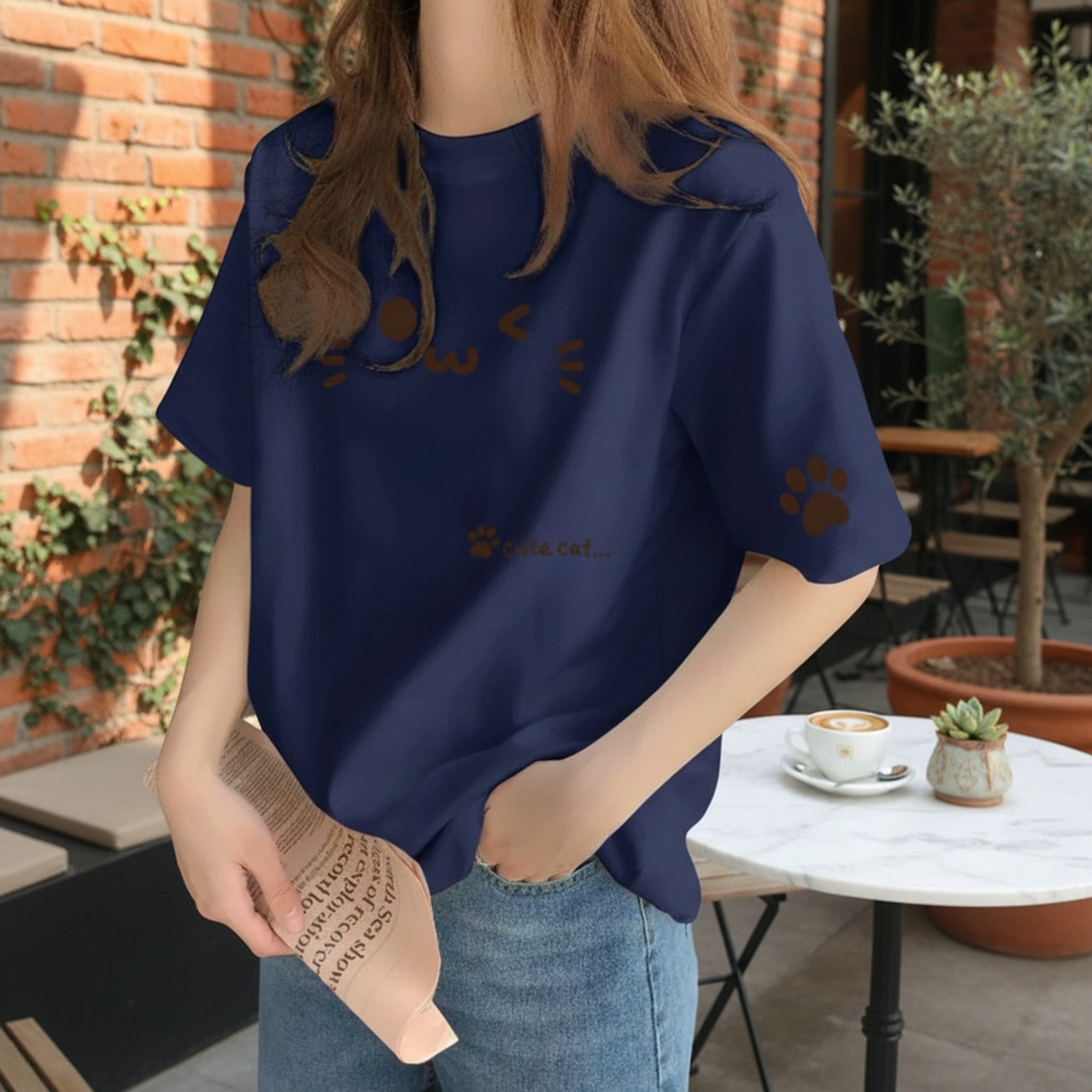デザイン感のある レディース コットン ベージュ インナーTシャツ