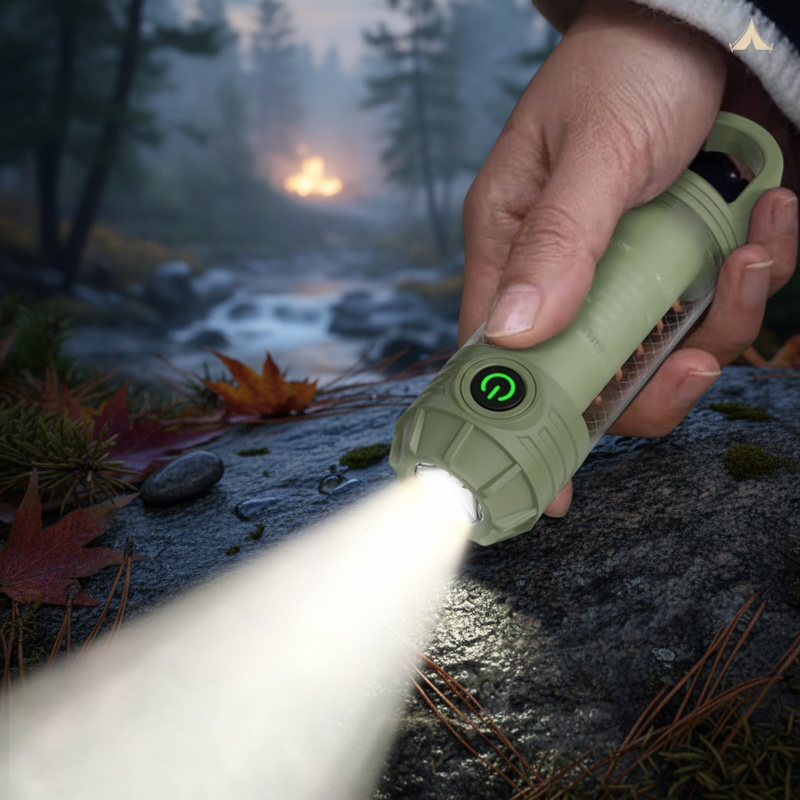 Waterproof LED camping light on a backpack