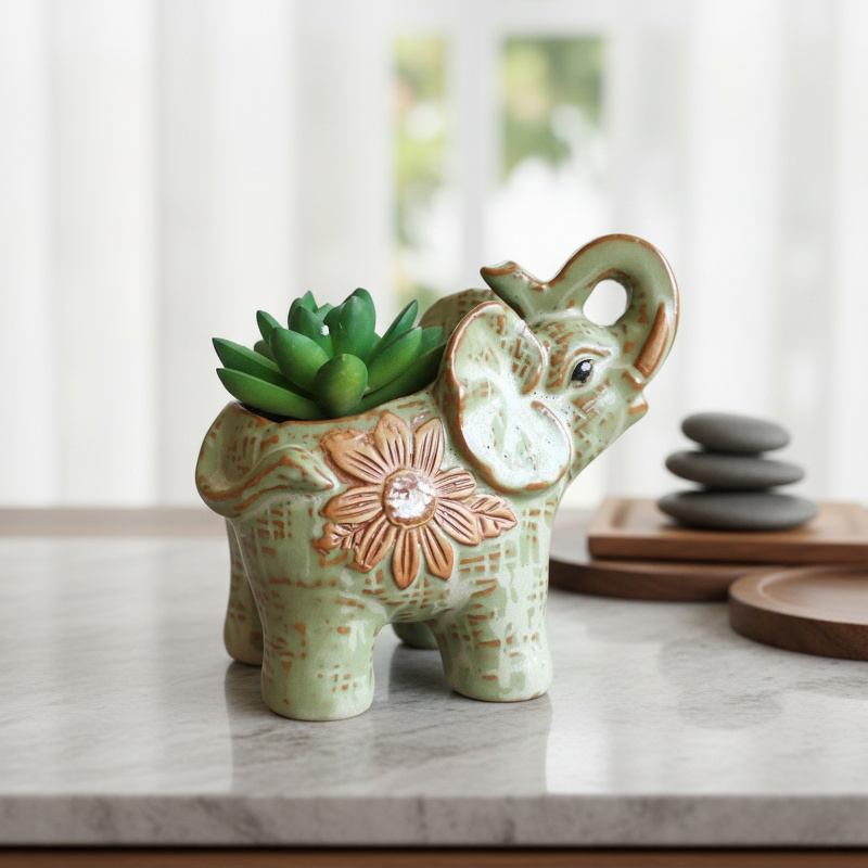 Lucky Elephant Ceramic Flower Pot for Succulents