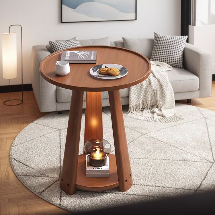 Nordic simple sofa side table home living room double layer small round table solid wood coffee tabl