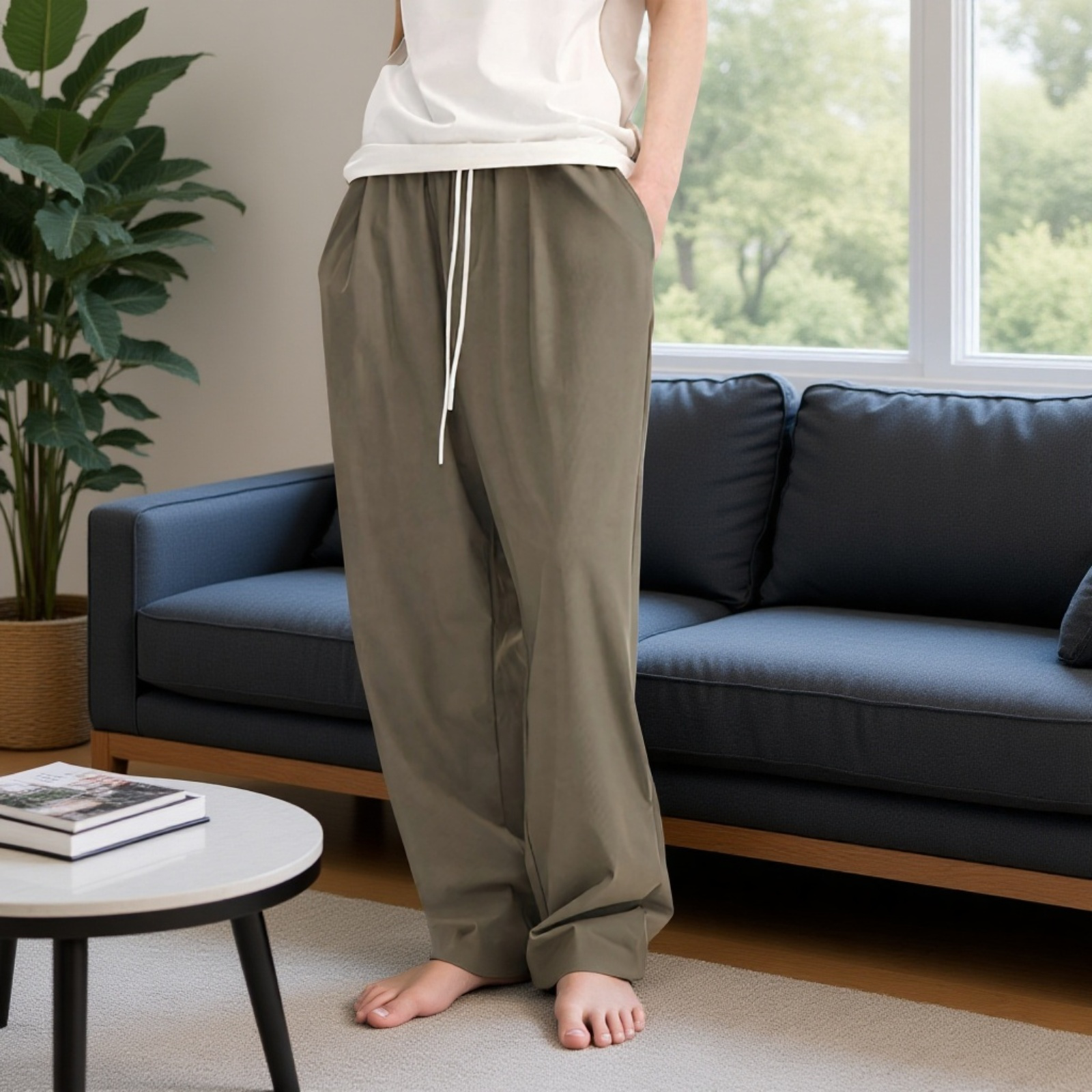 チェック柄速乾空調パンツ高弾性クールパンツゆったりスポーツカジュアルストレートパンツ男女兼用2025春夏新作パンツ