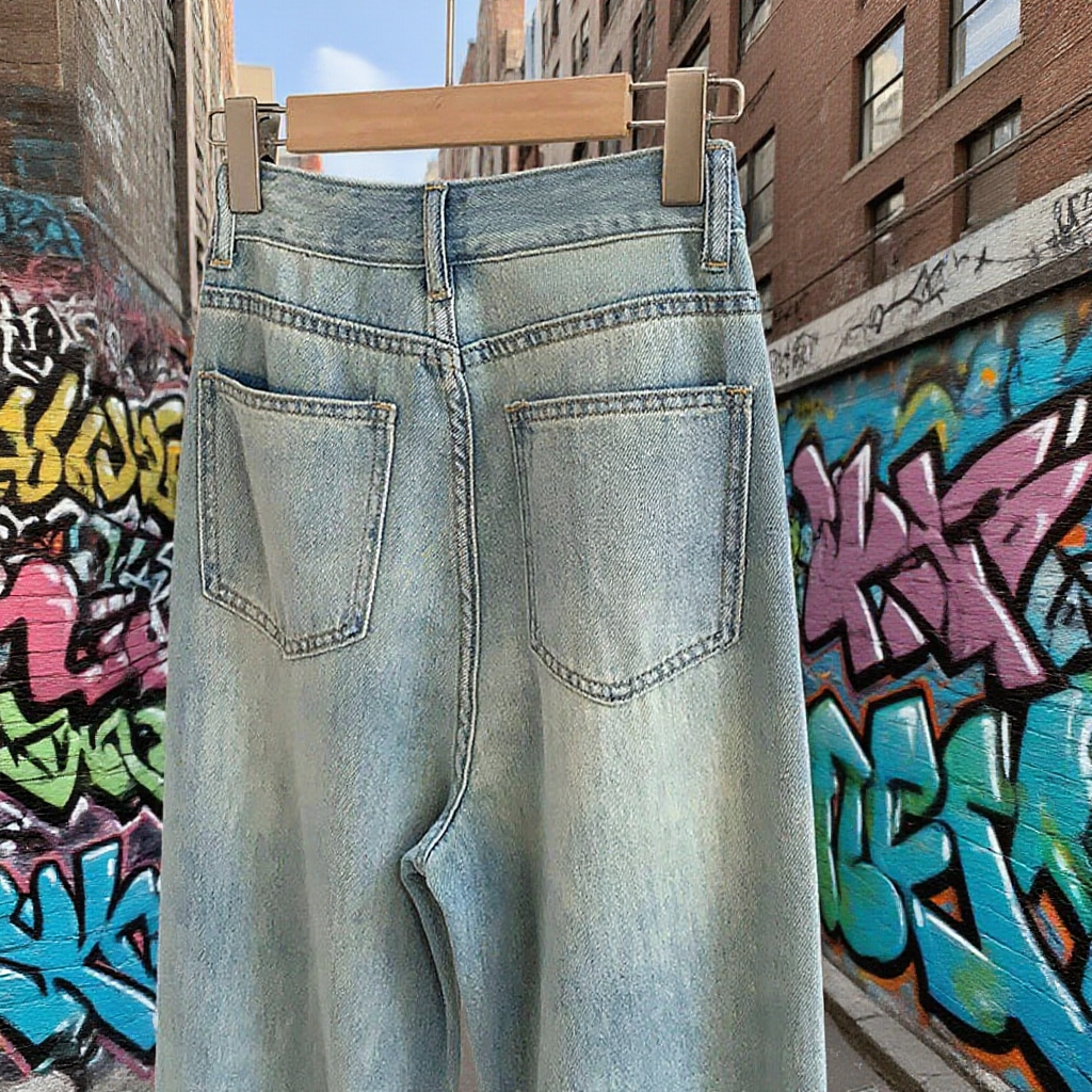 早秋薄手ゆったりストレートデニムパンツ