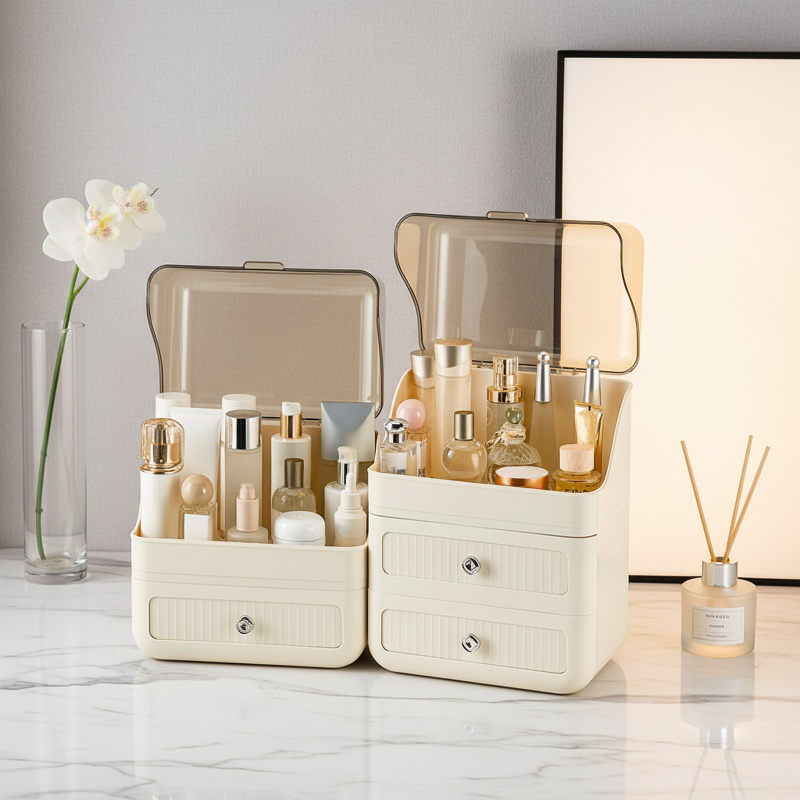 Dustproof Large Makeup Desktop Organizer Box on vanity table
