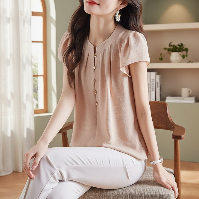 라운드넥 디자인의 여성 셔츠 디테일