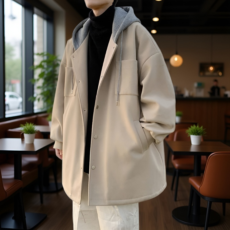 ツイードコートメンズ秋冬韓国版ミディアム丈ウィンドブレーカージャケット潮ルーズフード付きツイードジャケットのトレンド