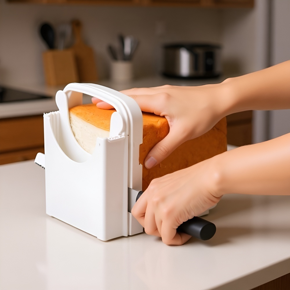 パン切りガイドを使って食パンを均一にカットする様子