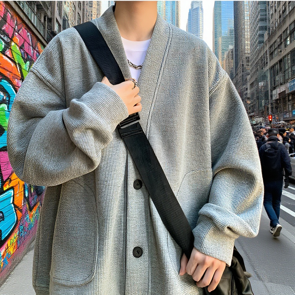 春と秋に着用する男性用のレイジースタイルのウールカーディガンジャケット、Vネックのアメリカンジャケットを備えた先進的な若々しいフードなしセーター