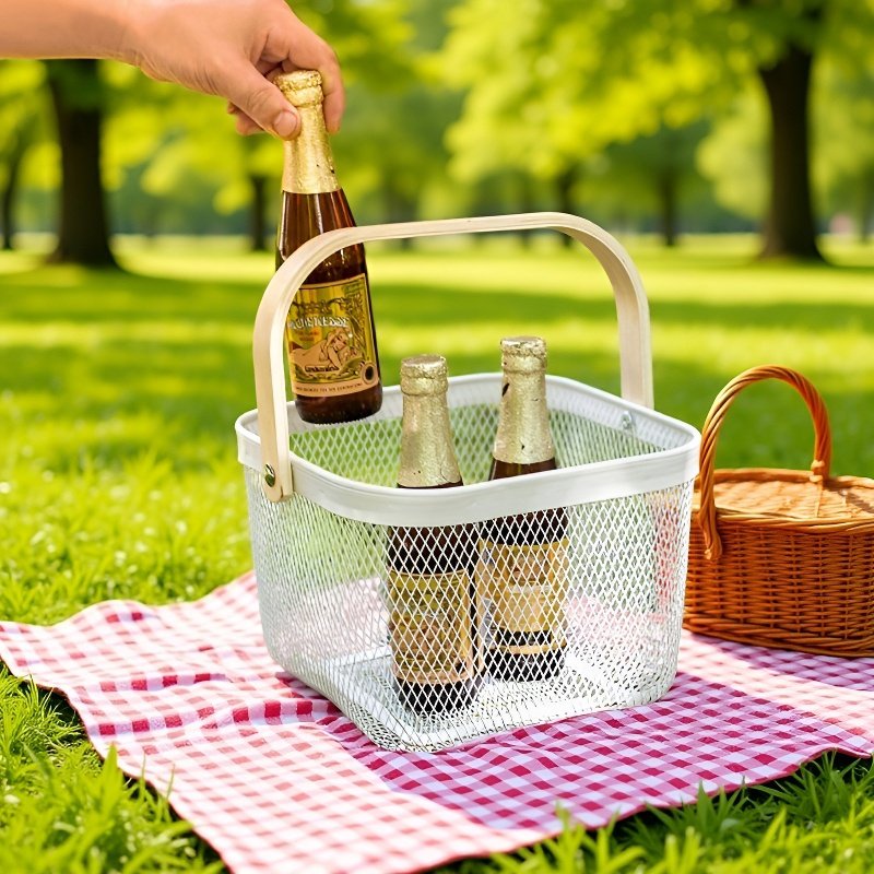 Stylish metal mesh fruit bowl featuring sturdy wooden handle