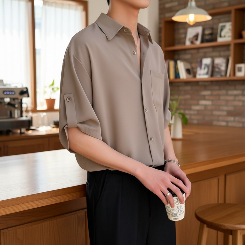 여름용 남성 아이스 실크 7부 소매 셔츠