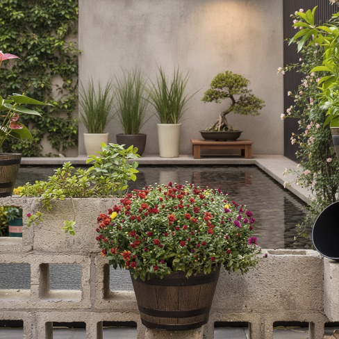 Extra robuster Blumenkübel aus Kunststoff im Garten