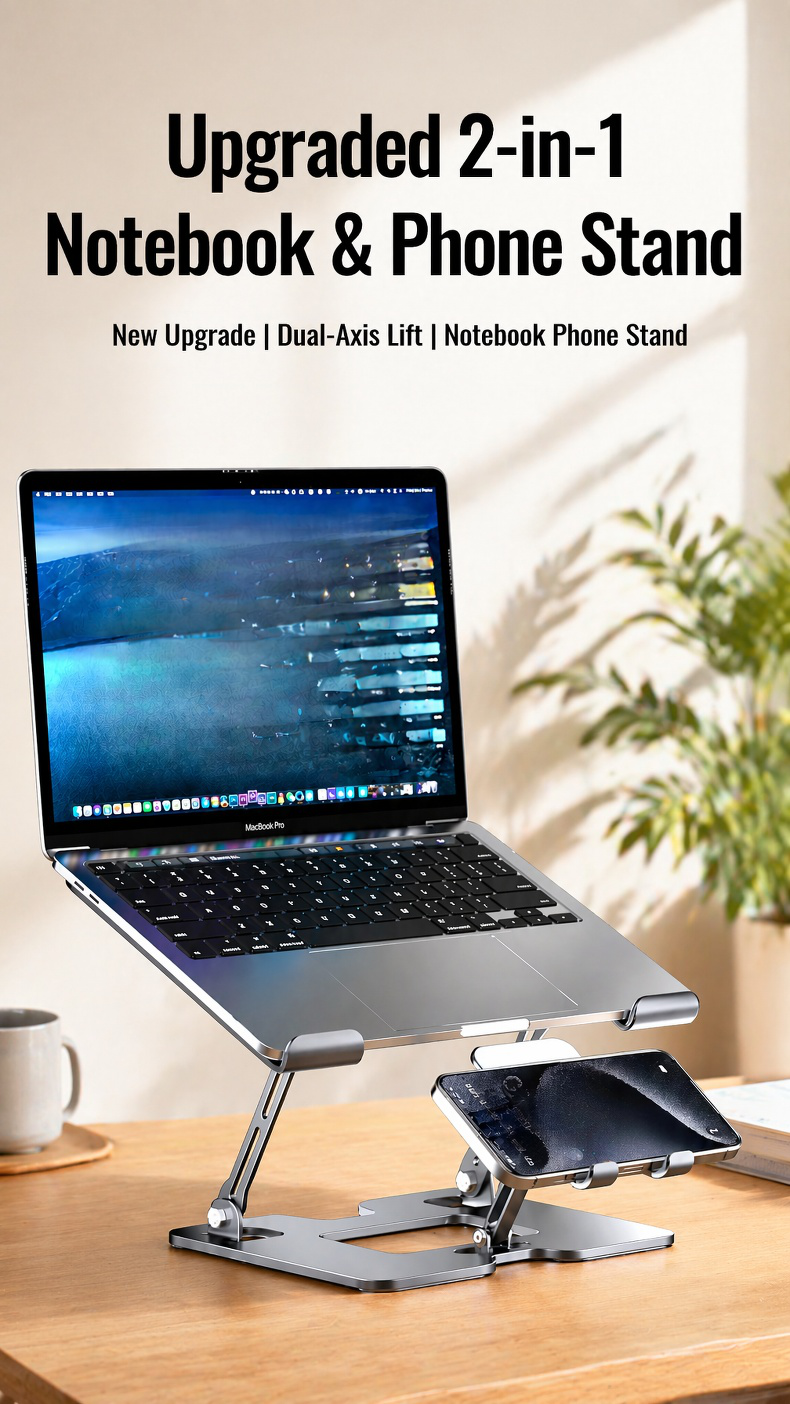 Ergonomic adjustable cooling stand holding laptop and smartphone