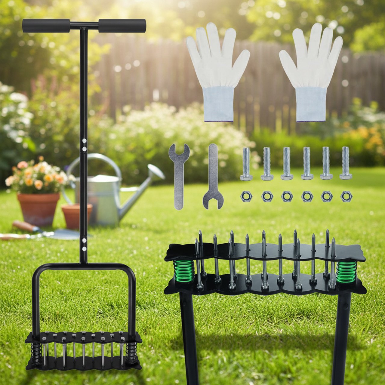 Carbon steel lawn loosener, garden aerator, soil perforator