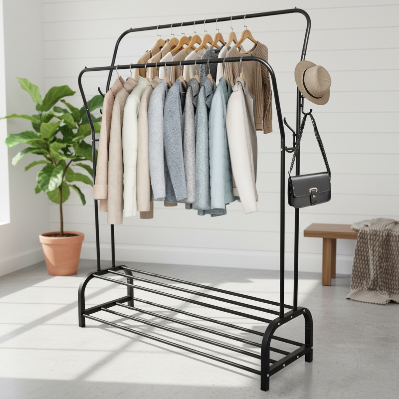 Household double pole floor drying rack full view