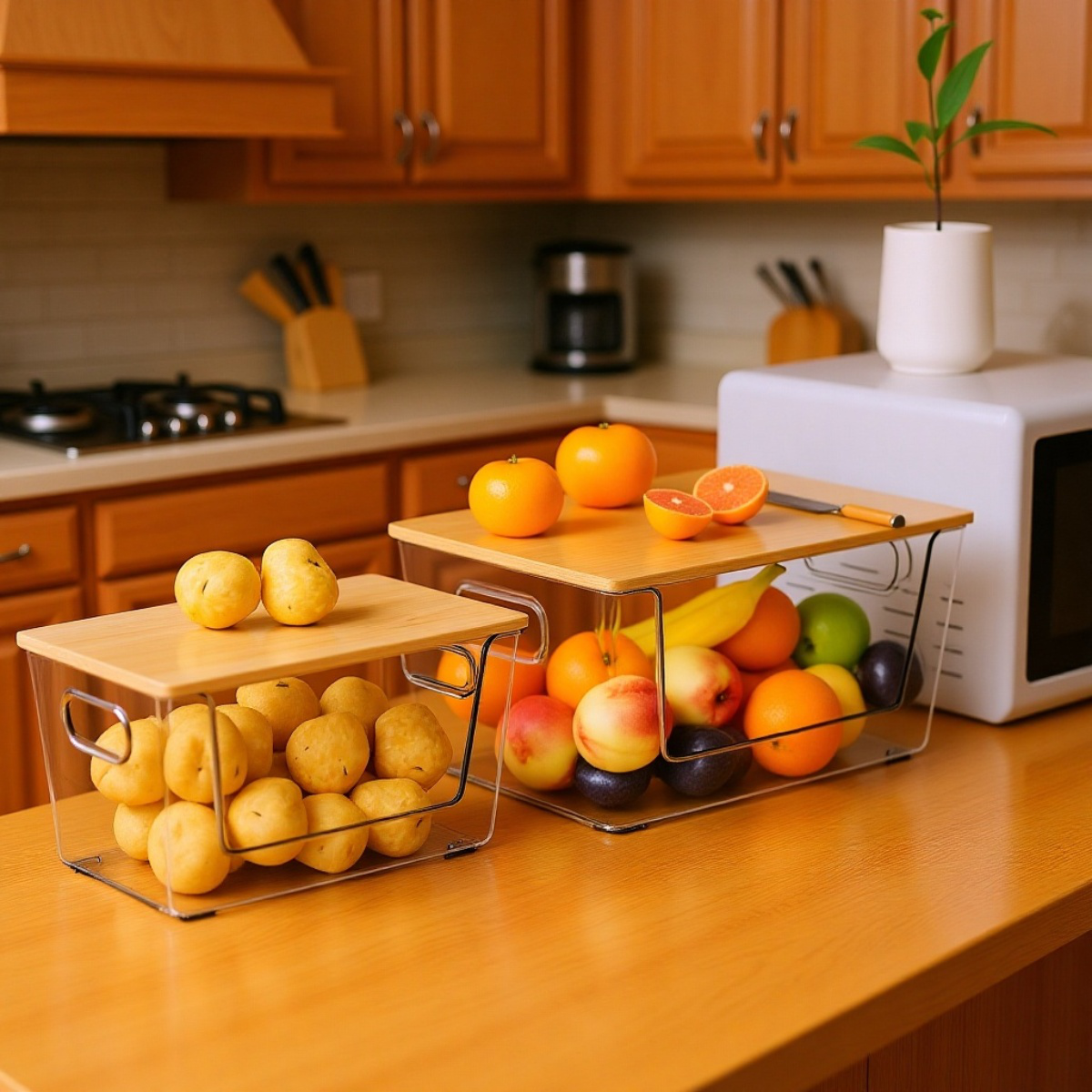 대용량 대나무 뚜껑 PET 투명 수납박스 전체 모습