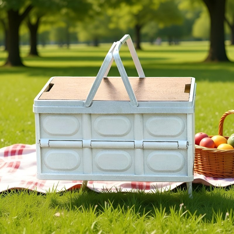 Foldable Wooden Tabletop & Plastic Basket Camping Storage Box