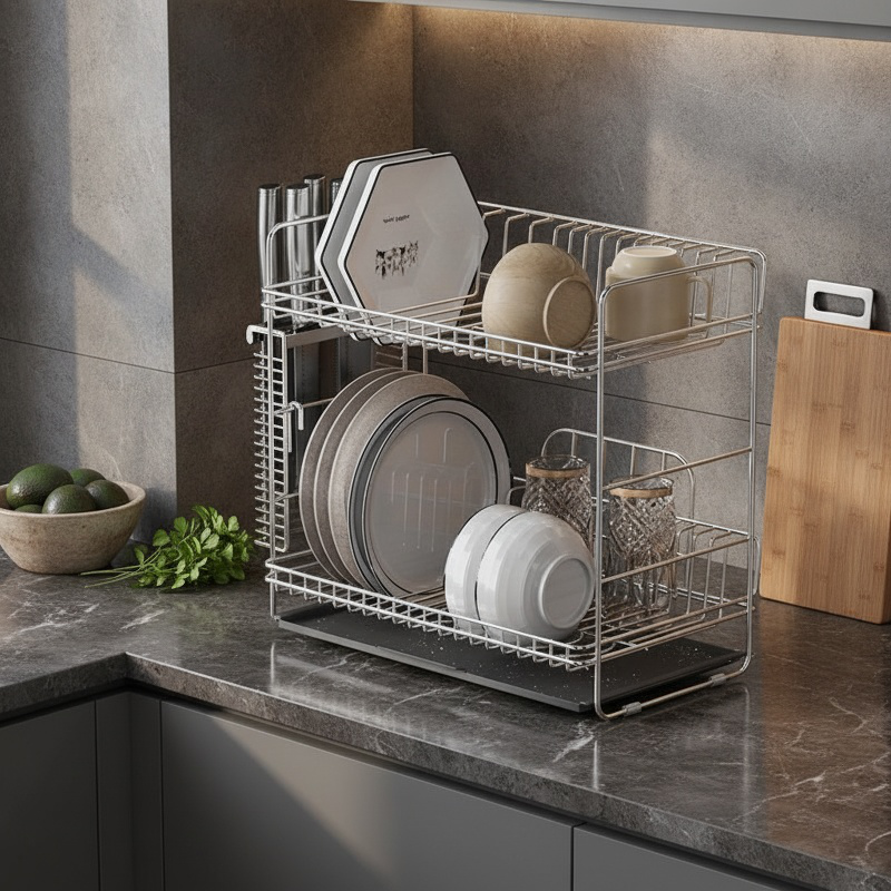 Kitchen Drain Rack 304 Stainless Steel Double Layer Dish Organizer