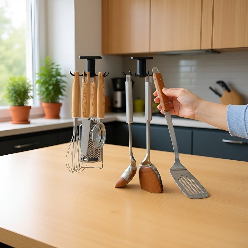 Estante superior para gabinete de cocina con ganchos instalado