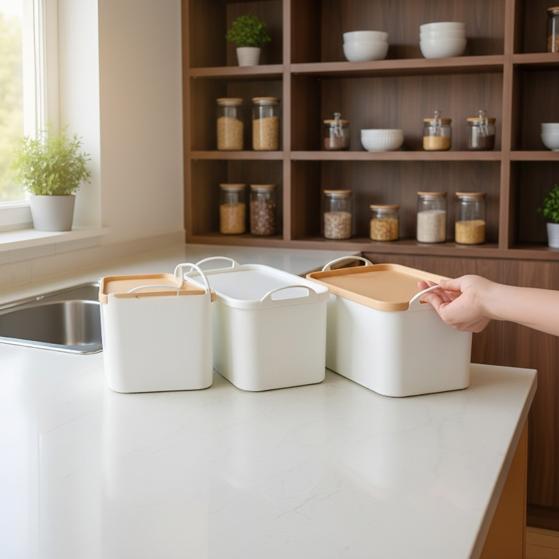 Boîte de rangement domestique en plastique avec couvercle pour vêtements et bric-à-brac
