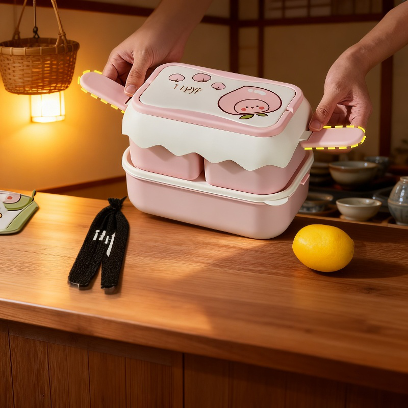 2段電子レンジ対応弁当箱 学生・オフィス用 食器付き