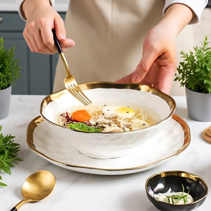 圈圓形瓷碗黑白豪華餐具套裝