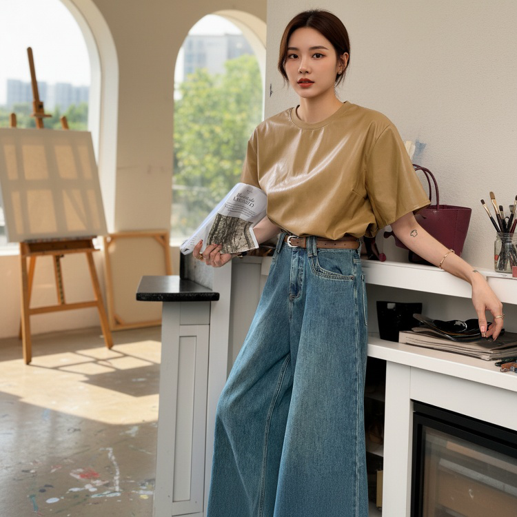 여성 와이드 데님 일자 팬츠 배라인 몸매 가림 하이웨스트 와이드 팬츠 처짐 작은 키 빈티지 팬츠