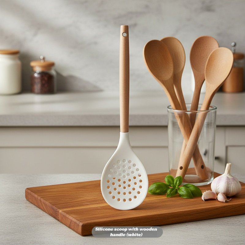 Heat-Resistant Wooden Handle Silicone Kitchenware 3-Piece Set (Soup Spoon, Spatula)