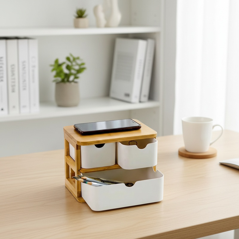 Biodegradable bamboo and wood storage box on desk