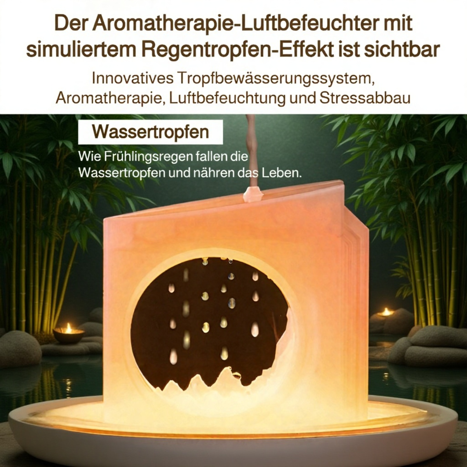 Luftbefeuchter und Duftspender mit Quallen-Salzstein, Uhr und Vulkan-Ring-Effekt