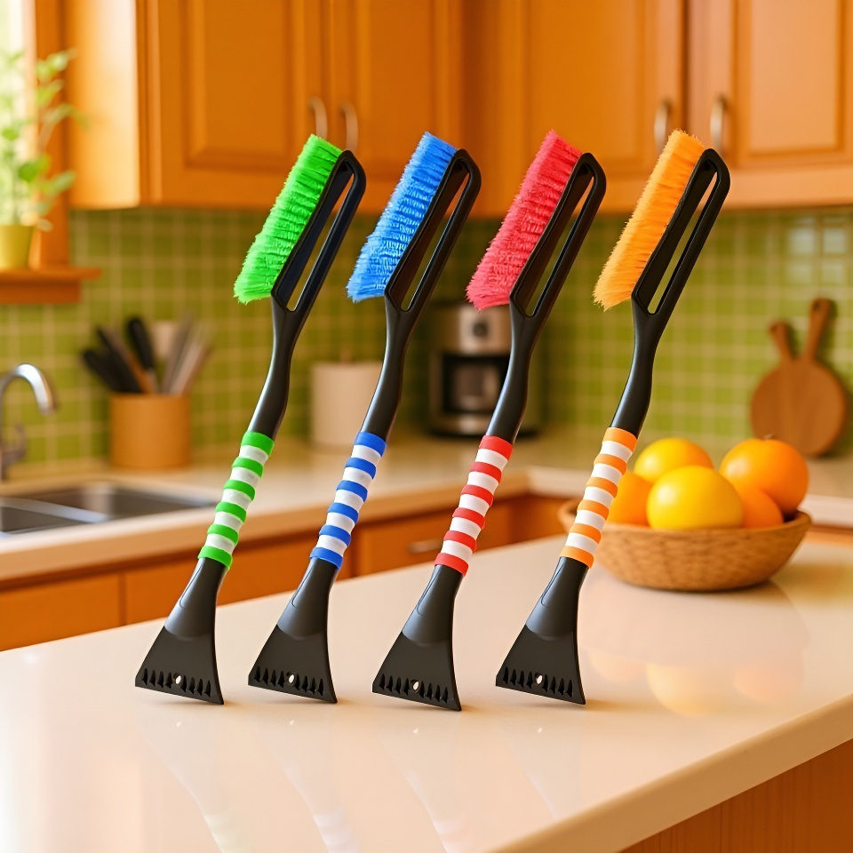 확장식 제설 브러시로 차량 눈 제거하는 모습