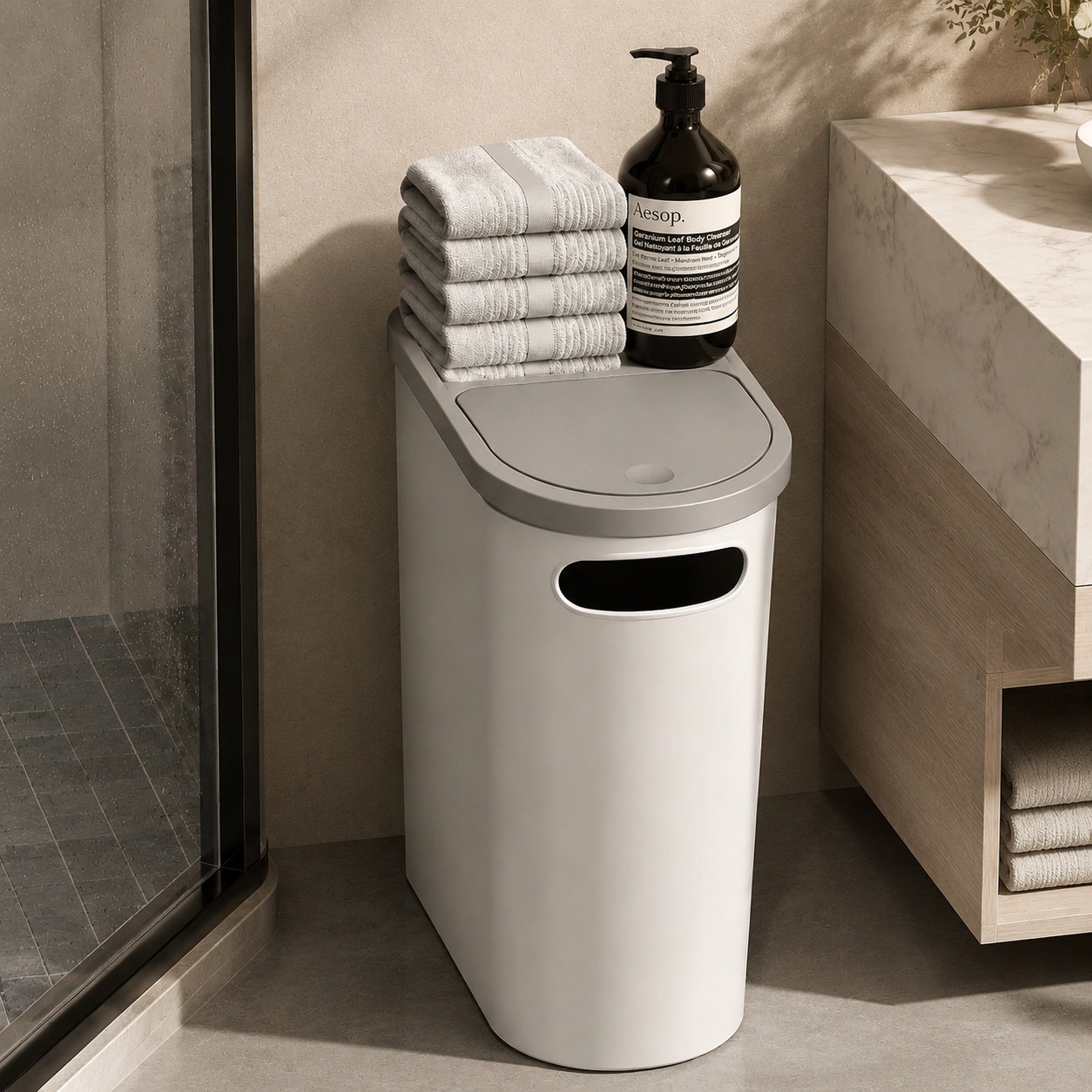 Easy access garbage can with press-to-open lid
