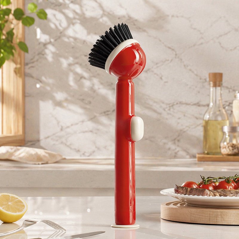 Vertical long handle brush cleaning tough stains on cookware