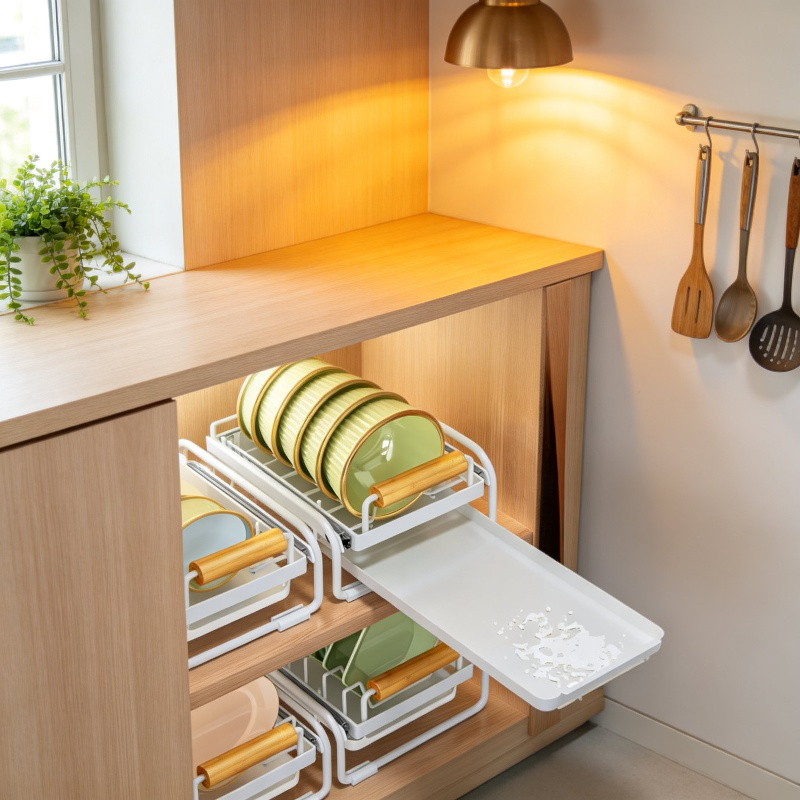 Organizador de platos antideslizante con drenaje para armario de cocina