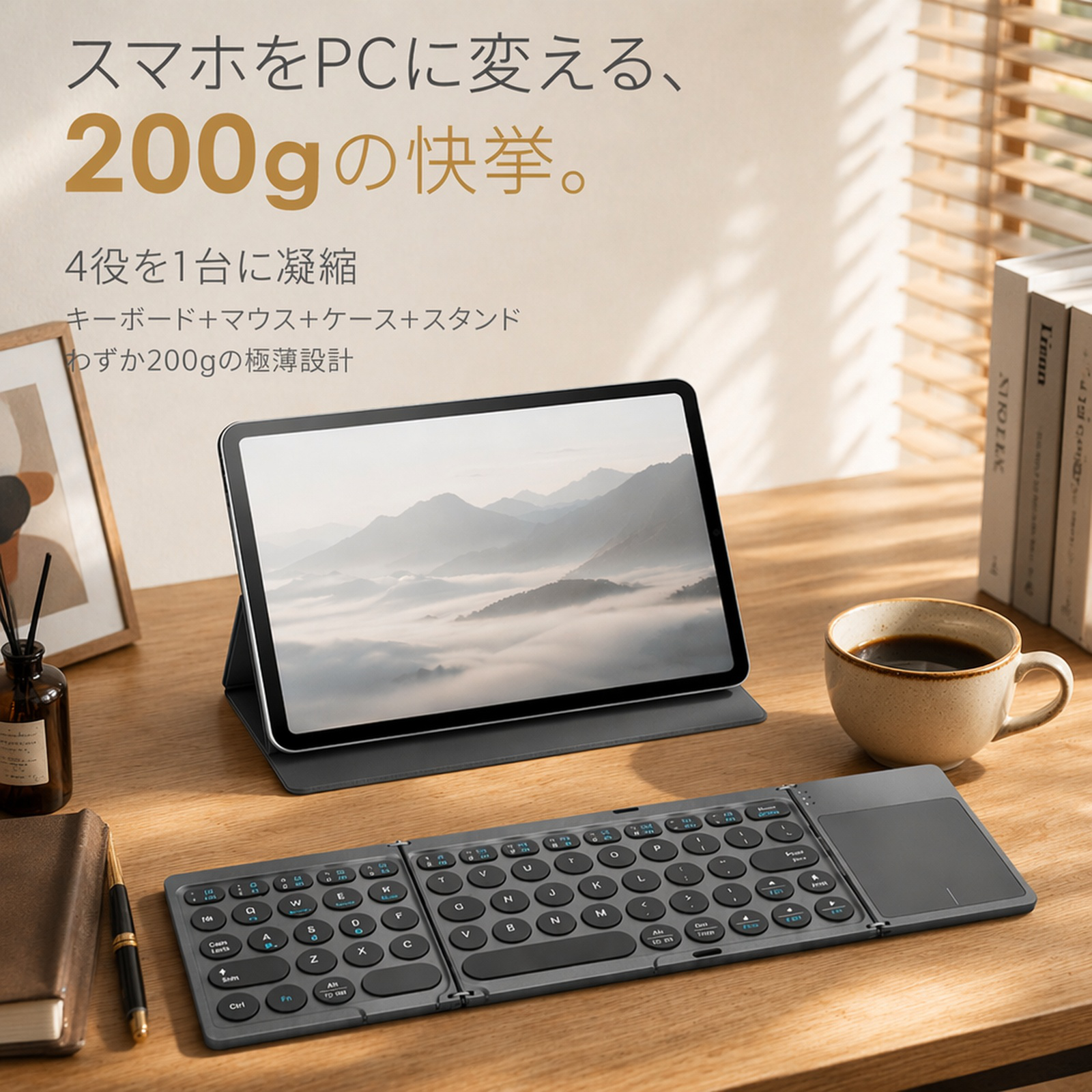 三つ折りケース型Bluetoothキーボード・タッチパッド付き
