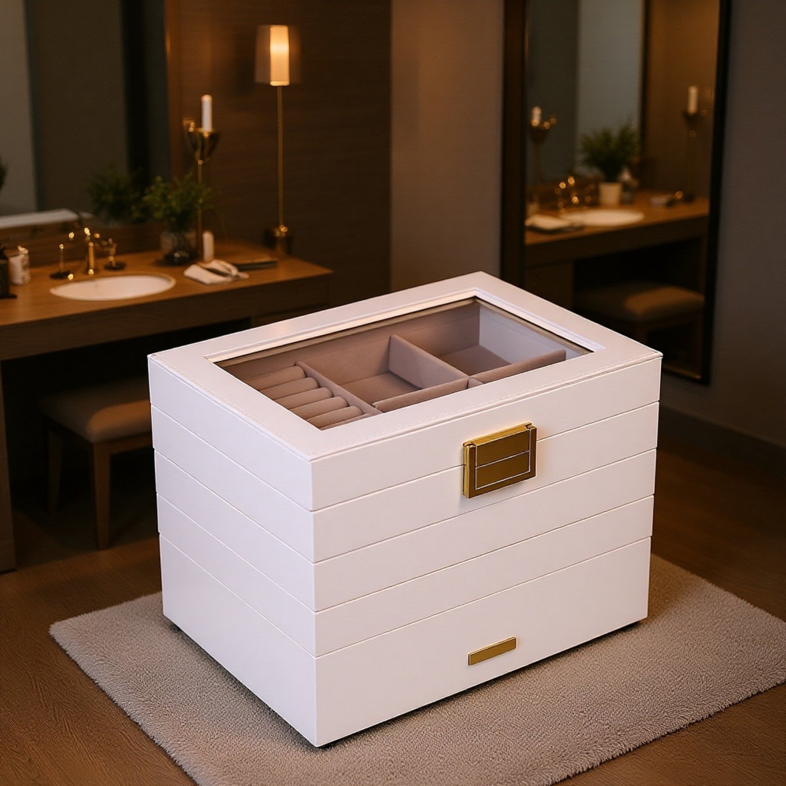 大容量のジュエリーボックス、多層スタッキングトレイ、リング、ネックレス、時計、ジュエリー収納ボックス