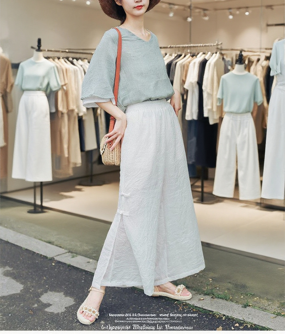 【ワイドパンツ】　ゆったりなのにすっきり魅せる、綿麻ワイドパンツ。